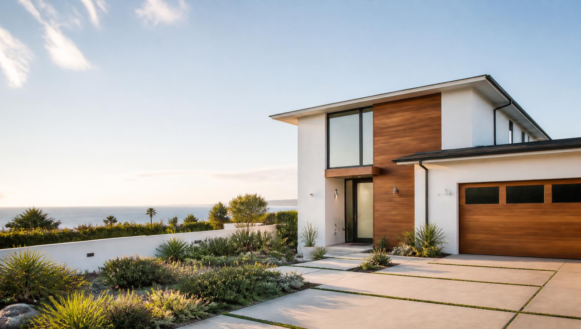 Crisp coastal-modern home with generous open sky and soft ocean-adjacent light